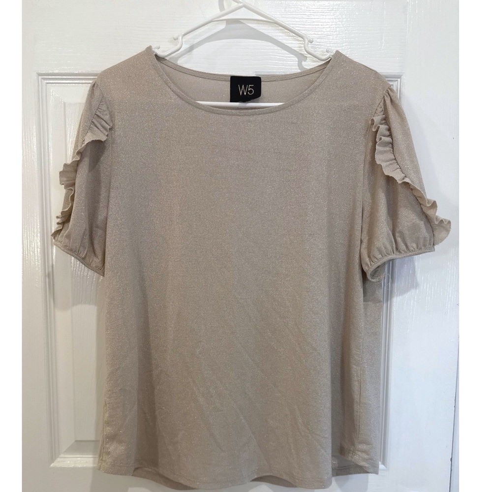 W5 Womens Top Size L Beige Ruffle Sleeve Crew Neck Casual Blouse